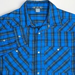 Outdoor Research Shirt Mens Medium Blue Plaid Pearl Snap Long Sleeve Sun Hiking